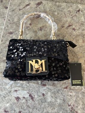 Badgley Mischka Black Sequin Top-Handle Mini Bag with Gold Hardware